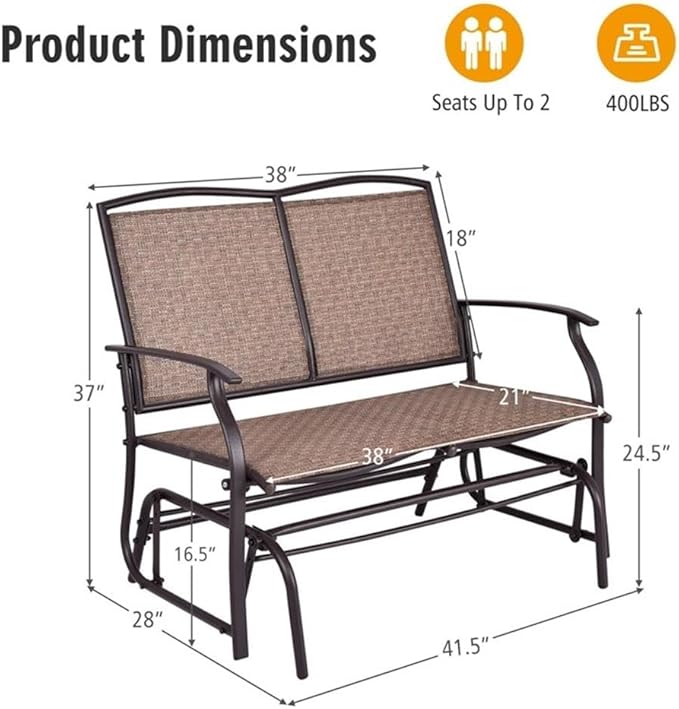 Pemberly Row Patio Glider Rocking Bench, Durable Metal Frame, Ergonomic Design, Brown Finish, Double 2-Person Outdoor Seating, Smooth Gliding Motion, Comfortable Garden or Patio Bench