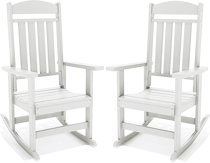 Outdoor Rocking Chairs Set of 2, Oversized High Back Patio Rocking Chairs, All Weather Porch Rocking Chairs for Outside. White