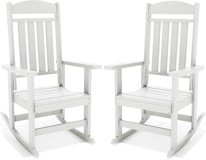 Outdoor Rocking Chairs Set of 2, Oversized High Back Patio Rocking Chairs, All Weather Porch Rocking Chairs for Outside. White