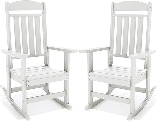 Outdoor Rocking Chairs Set of 2, Oversized High Back Patio Rocking Chairs, All Weather Porch Rocking Chairs for Outside. White