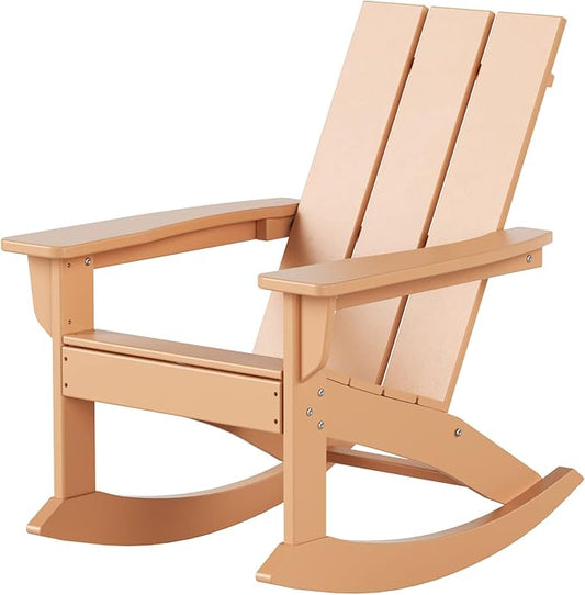 WestinTrends Ashore Patio Rocking Chair, All Weather Poly Lumber Plank Adirondack Rocker Chair, Modern Farmhouse Outdoor Rocking Chairs for Porch Garden Backyard and Indoor, Teak