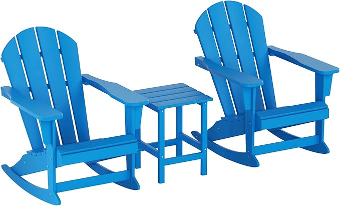 WO WESTIN OUTDOOR HDPE Laguna Outdoor Rocking Poly Adirondack Chair with Side Table 3-Piece Set, Pacific Blue