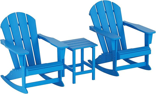 WO WESTIN OUTDOOR HDPE Laguna Outdoor Rocking Poly Adirondack Chair with Side Table 3-Piece Set, Pacific Blue