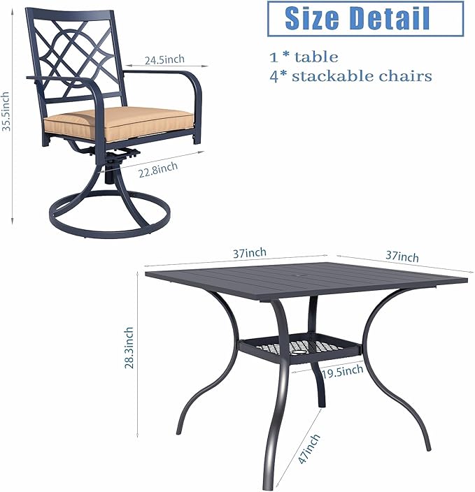 SUNCROWN 5 Pieces Outdoor Dining Set Metal Swivel Cushioned Chairs Patio Furniture Sets with Steel Slat Bistro Table and Sky Blue 9Ft Patio Umbrella for Backyard, Lawn, Garden