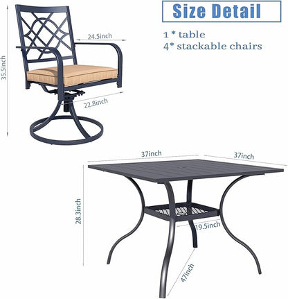 SUNCROWN 5 Pieces Outdoor Dining Set Metal Swivel Cushioned Chairs Patio Furniture Sets with Steel Slat Bistro Table and Sky Blue 9Ft Patio Umbrella for Backyard, Lawn, Garden
