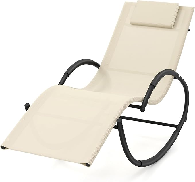 Tangkula Rocking Lounge Chair Outdoor, Zero Gravity Chaise Lounger with Removable Headrest, Fabric Backrest & Seat - Photo 1