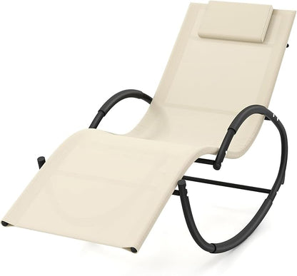 Tangkula Rocking Lounge Chair Outdoor, Zero Gravity Chaise Lounger with Removable Headrest, Fabric Backrest & Seat, Patio Reclining Rocker for Yard, Poolside, Lawn, Garden (1, Beige)