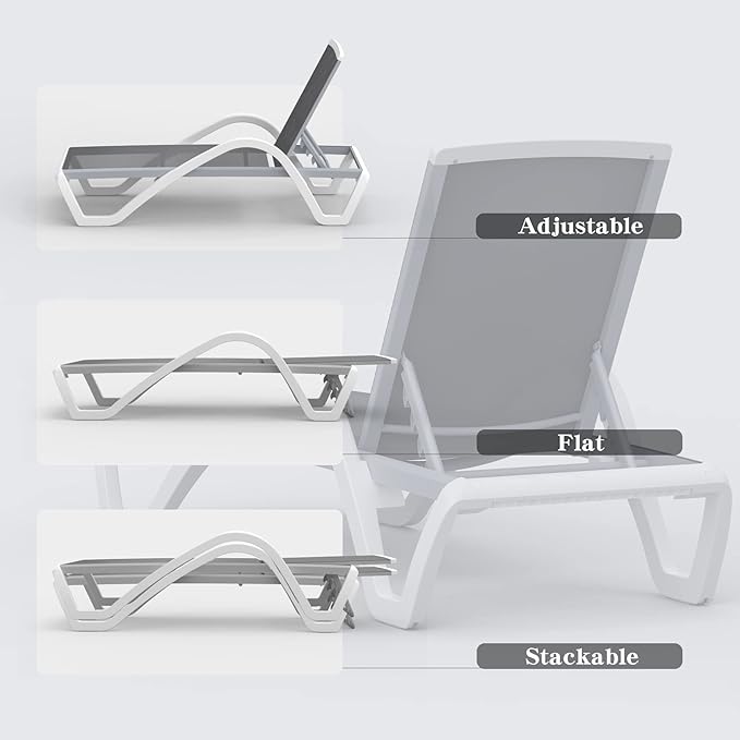 Domi Patio Chaise Lounge Chair Set of 3, Outdoor Aluminum Polypropylene Sunbathing Chair with Adjustable Backrest, Arm - Photo 4