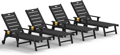 YEFU Lounge Chair Outdoor Set of 4: Outdoor Chaise Lounge with 5-Level Adjustable Backrest, Cup Holders & Wheels, All-Weather Resistance Chaise Lounge for Outside/Patio/Beach/Deck, Black