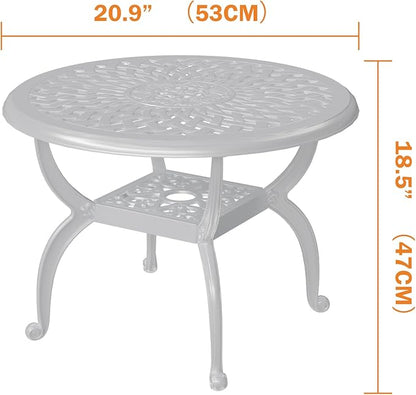 Round Outdoor Coffee Table, Cast Aluminum Side Table with Storage,Indoor End Table, All-Weather Bistro Table for Patio Garden Lawn,White