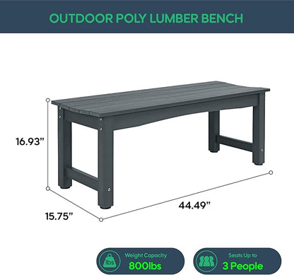 Weatherproof HIPS Outdoor Bench, 2-Person Patio Dining Bench, All-Weather Poly Lumber Garden Bench, Never Rot or Fade, Park Bench with Wood Grains for Porch, Deck, Entryway, Grey, 2 Pack