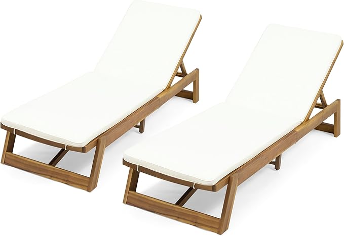Christopher Knight Home Maki Outdoor Acacia Wood Chaise Lounge with Cushion (Set of 2), Teak and Cream - Photo 1