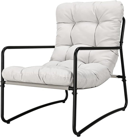 Patio Accent Chair, Modern Metal Outdoor Lounge Chair, Comfy Outdoor Accent Chair with Padded Seat, All Weather Outdoor Patio Chair for Living Room, Apartment, Bedroom, Poolside, Off-White