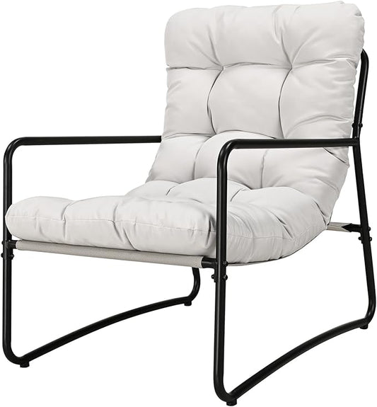 Patio Accent Chair, Modern Metal Outdoor Lounge Chair, Comfy Outdoor Accent Chair with Padded Seat, All Weather Outdoor Patio Chair for Living Room, Apartment, Bedroom, Poolside, Off-White