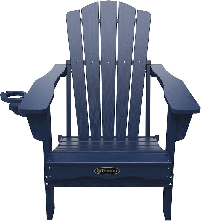 Folding Adirondack Chair Set of 2,HDPE All-Weather Outdoor Chair with Cup Holder,Wooden Textured,Fire Pit Chair,Plastic Patio Chair for Deck,Backyard,Garden,Lawn(Navy Blue)
