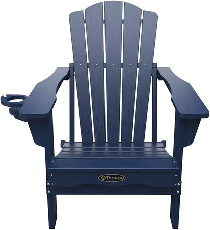 Folding Adirondack Chair Set of 8,HDPE All-Weather Outdoor Chair with Cup Holder,Wooden Textured,Fire Pit Chair,Plastic Patio Chair for Deck,Backyard,Garden,Lawn(Navy Blue)