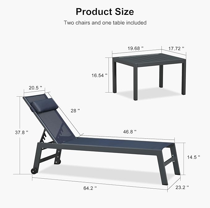 PURPLE LEAF Outdoor Lounge Chair Set Patio Chaise Pool Lounger Aluminum Frame with 2 Side Table and Wheels for Outside Sunbathing Tanning Recliner Including Pillows Navy Blue