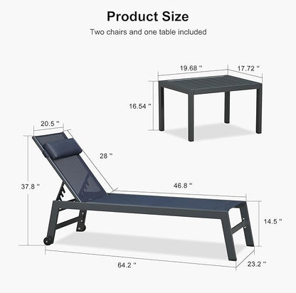 PURPLE LEAF Outdoor Lounge Chair Set Patio Chaise Pool Lounger Aluminum Frame with 2 Side Table and Wheels for Outside Sunbathing Tanning Recliner Including Pillows Navy Blue