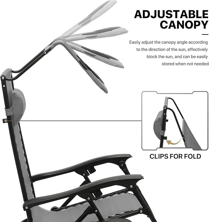 MoNiBloom Zero Gravity Chair Set of 2 with Canopy Shade, Patio Folding Anti Gravity Recliner, Foldable Outdoor Lounger with Cup Holder Tray for Beach Camping, Grey