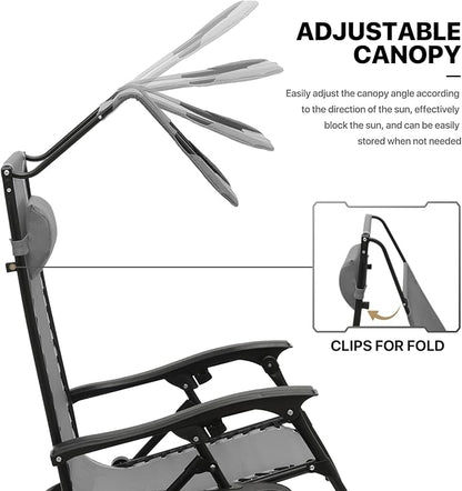 MoNiBloom Zero Gravity Chair Set of 2 with Canopy Shade, Patio Folding Anti Gravity Recliner, Foldable Outdoor Lounger with Cup Holder Tray for Beach Camping, Grey