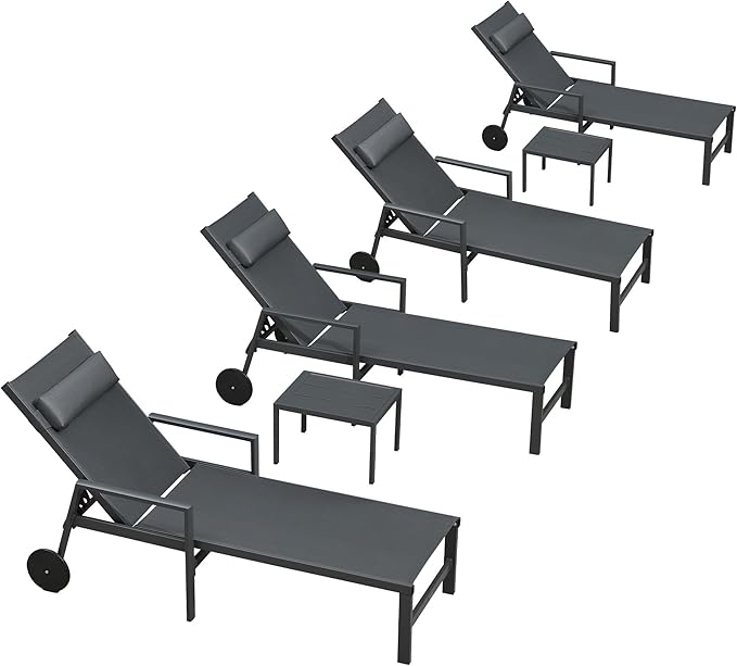 PURPLE LEAF Patio Lounge Chair Set Outdoor Chaise Lounger Aluminum Frame with Armrest 2 Side Table and Wheels for Pool Outside Sunbathing Tanning Recliner Including Pillows Gray
