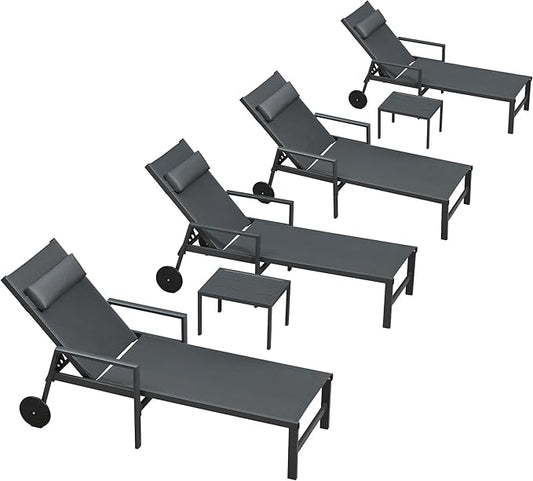 PURPLE LEAF Patio Lounge Chair Set Outdoor Chaise Lounger Aluminum Frame with Armrest 2 Side Table and Wheels for Pool Outside Sunbathing Tanning Recliner Including Pillows Gray