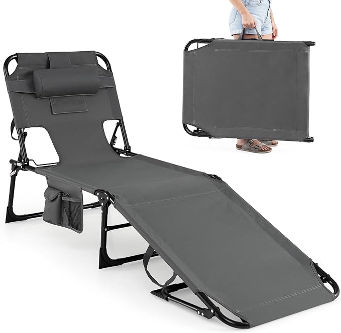 GYMAX Tanning Chair with Face Hole, Sun Bathing Lounge Chairs for Outside with Side Pocket, Folding Portable Face Down Layout Tanning Chair Beach, Backyard, Poolside, Lawn (Grey,1)