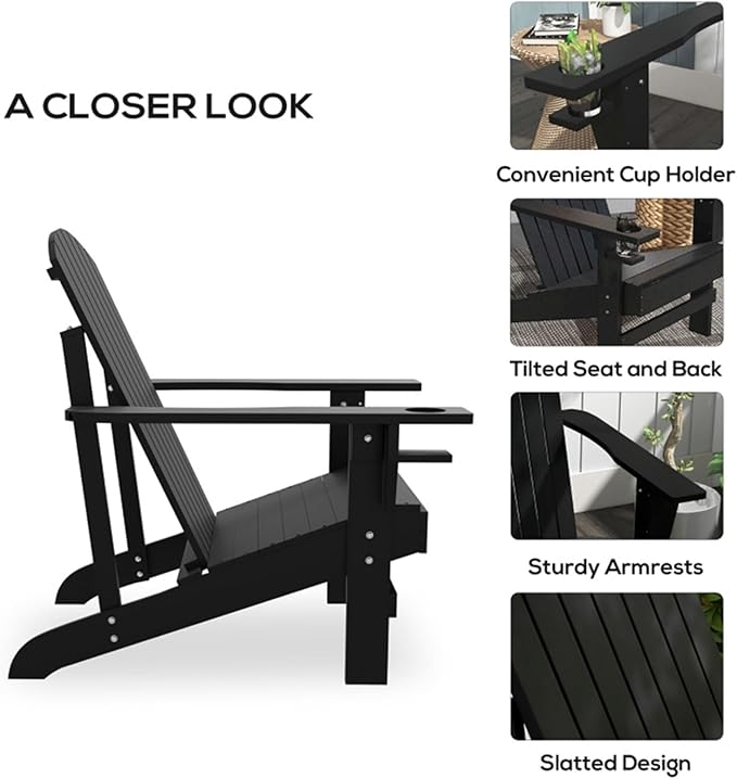 Folding Adirondack Chair, Weather Resistant Outdoor Patio Chair with Cup Holder for Lawn, Backyard, Poolside(Black)