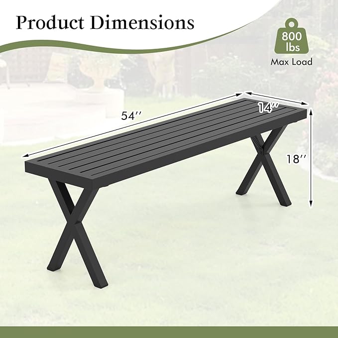 Giantex 54" Outdoor Bench, Metal Garden Bench with Slatted Seat, X-Shaped Legs, Heavy-Duty Patio Backless Loveseat, Load 800 LBS, 2-Person Park Bench for Lawn, Yard, Porch, Black