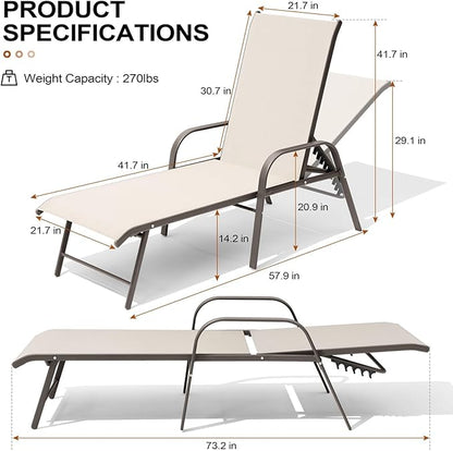 Crestlive Products Chaise Lounge Chair Outdoor with Armrests, Pool Lounge Chairs Set of 2, Aluminum Adjustable 5 Positions Sun Tanning Lounger for Patio, Poolside, Yard, Deck, Backyard (Champagne)