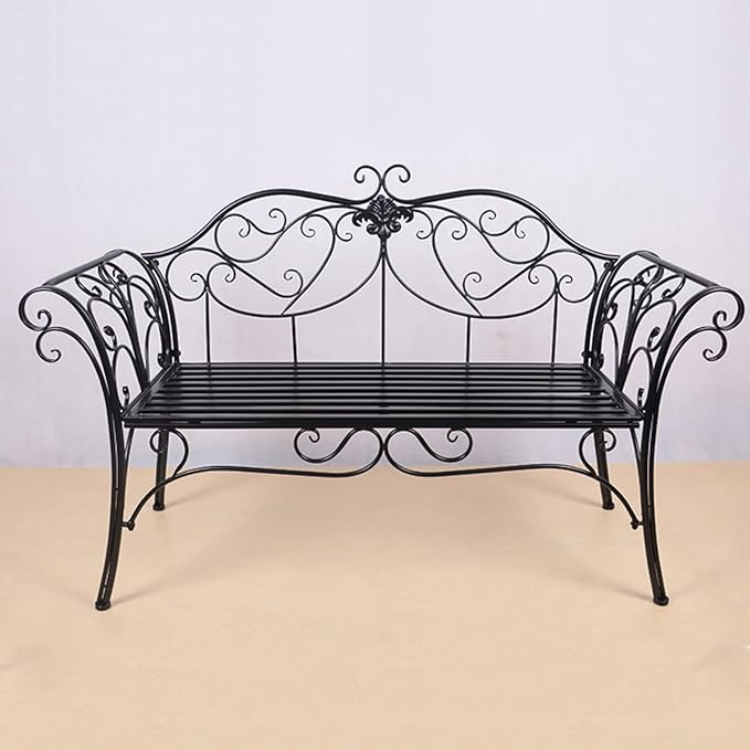 Outdoor Metal Garden Bench, Patio Seating with Backrest & Armrests, 2-3 Person Capacity, Stylish Black Bench for Balcony, Porch, Courtyard, Park Furniture