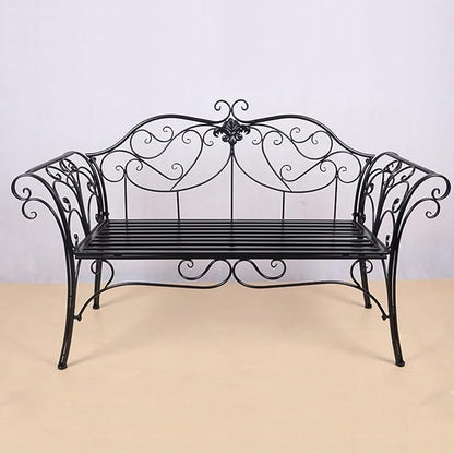 Outdoor Metal Garden Bench, Patio Seating with Backrest & Armrests, 2-3 Person Capacity, Stylish Black Bench for Balcony, Porch, Courtyard, Park Furniture
