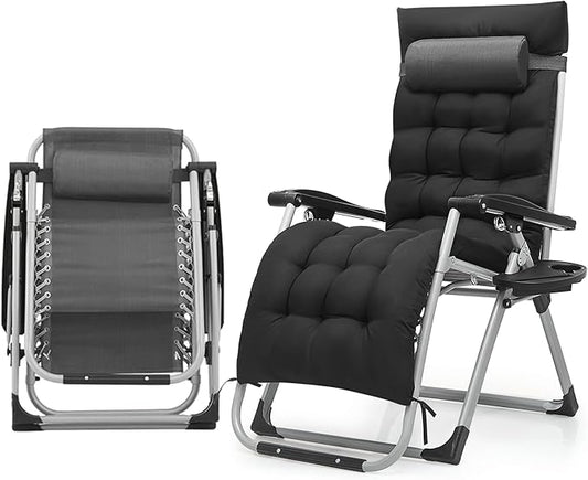Athena Collection 3 in 1 Patio Lounge Chair Foldable Camping Chair with Headrest Chaise Lounge Nap Chair with Removable Thick Cushion Reclining Beach Sleeping Chair for Indoor and Outdoor, Grey