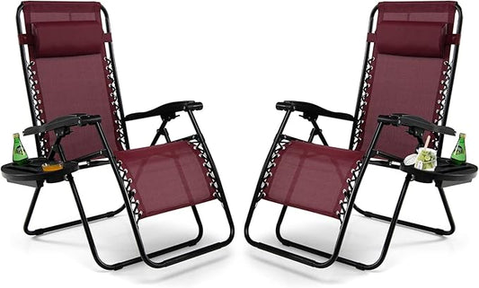 Tangkula Zero Gravity Chair, Folding Patio Lounge Chair Adjustable Outdoor Recliner with Cup Holder, Wide Armrest for Patio Garden Poolside Outdoor Yard Beach, Support 350 lbs (2, Wine)