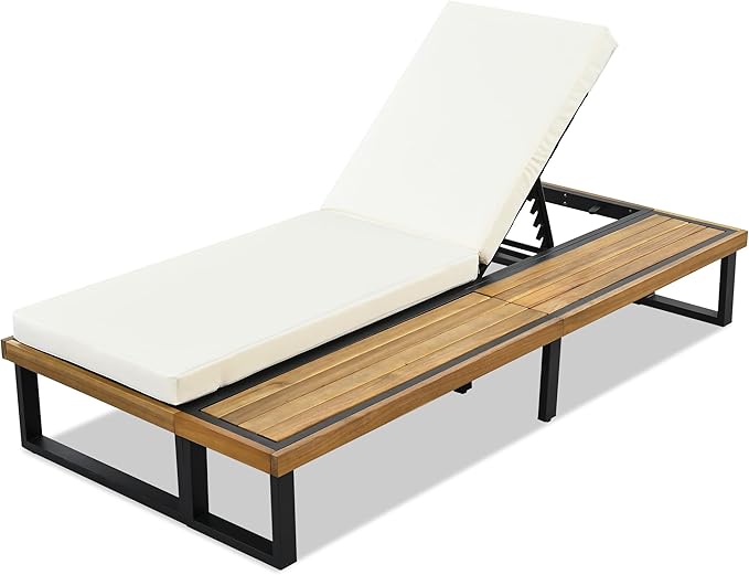 Merax Patio Lounge Chair Recliner Chair with Wood Side Table, Outdoor Wood 5-Position Reclining Chaise with Adjustable Backrest and Cushions for Pool, Porch, Lawn, Garden, Backyard, Beige Cushion