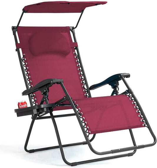 Goplus Zero Gravity Chairs, X-Large Folding Lounge Lawn Chair w/Canopy Shade & Cup Holder, Adjustable Folding Patio Recliner for Pool Porch Deck Oversize (Wine)