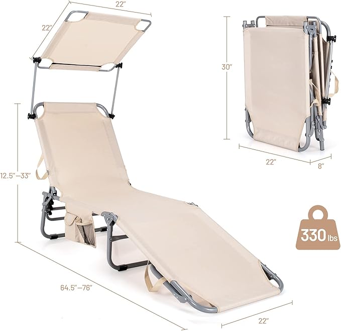 Giantex Outdoor Folding Chaise Lounge, Portable Tanning Chair with 5 Adjustable Positions, 360°Rotatable Canopy Shade - Photo 3