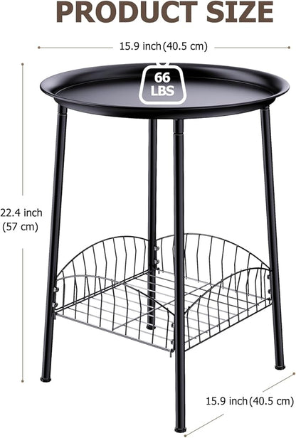 Small Outdoor Side Table, 2-Tier Round Metal Patio Table, Accent Table Waterproof, Weather Resistant End Table for Yard Porch Pool Balcony Garden Bedside (Black)
