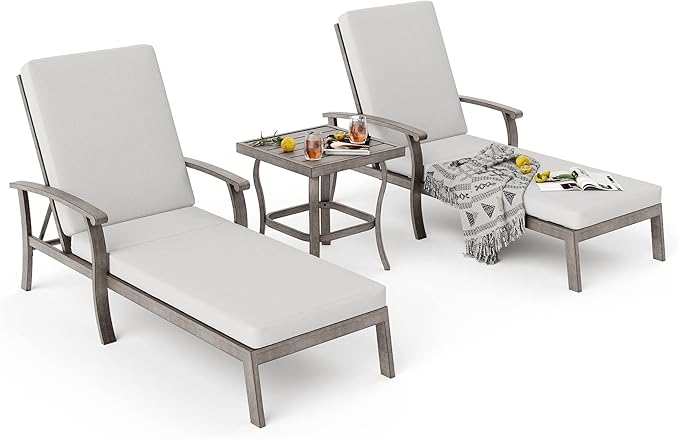 HAPPATIO Aluminum Patio Chaise Lounge Set 3 Pieces, Aluminum Patio Lounge Chair with Side Table, Pool Lounge Chair with Cushions for Patio Deck Poolside (Gray)