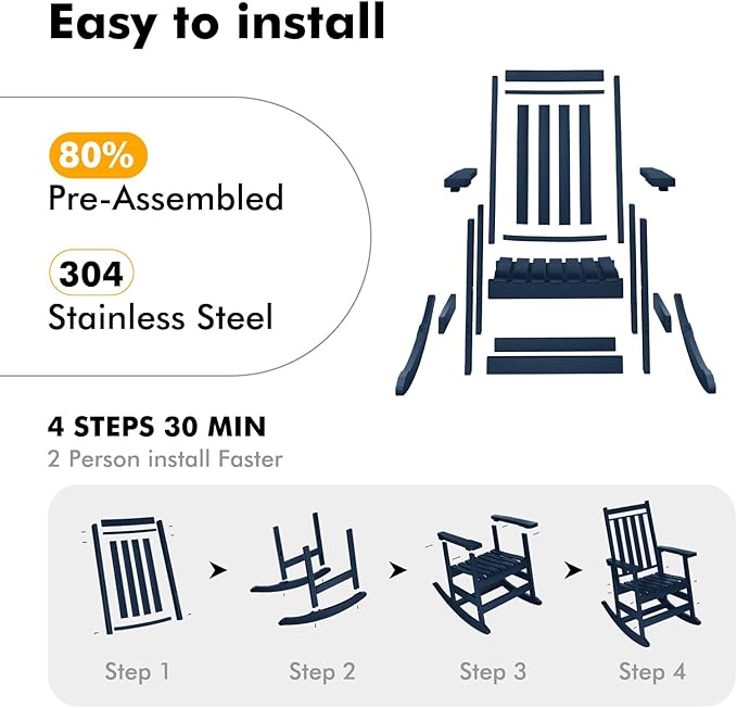 Oversized Outdoor Rocking Chairs Set of 2,All Weather Rocker Chair with More Comfortable Seat Panel for Porch Patio Outside(Navy Blue)