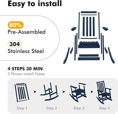 Oversized Outdoor Rocking Chairs Set of 2,All Weather Rocker Chair with More Comfortable Seat Panel for Porch Patio Outside(Navy Blue)