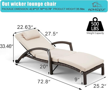 HOMREST Chaise Lounge Chairs Set of 4, PE Rattan Wicker Lounge Chair with Arm and Wheels for Poolside,Khaki