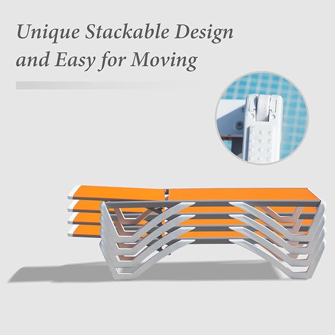 Domi Pool Lounge Chair Aluminum Adjustable Outdoor Chaise Lounge,All Weather Plastic Poolside Lounge Chair with Table for Deck Lawn Backyard, Orange Textilene
