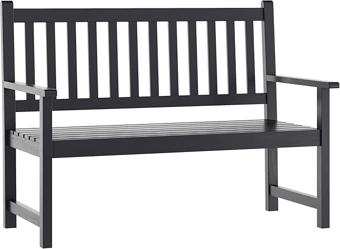 EMMA + OLIVER Ashford Patio Bench for Indoor/Outdoor Use, Acacia Wood Slatted Loveseat for 2, Perfect for Sunroom, Garden, Backyard or Porch, Black