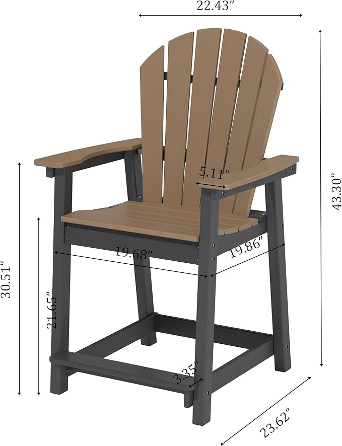 Outdoor Tall Adirondack Chair, HDPE Weather Resistant Outdoor Chair for Garden, Perfect for High Top Table & Chairs on Your Balcony, Capacity 400LBS, Brown