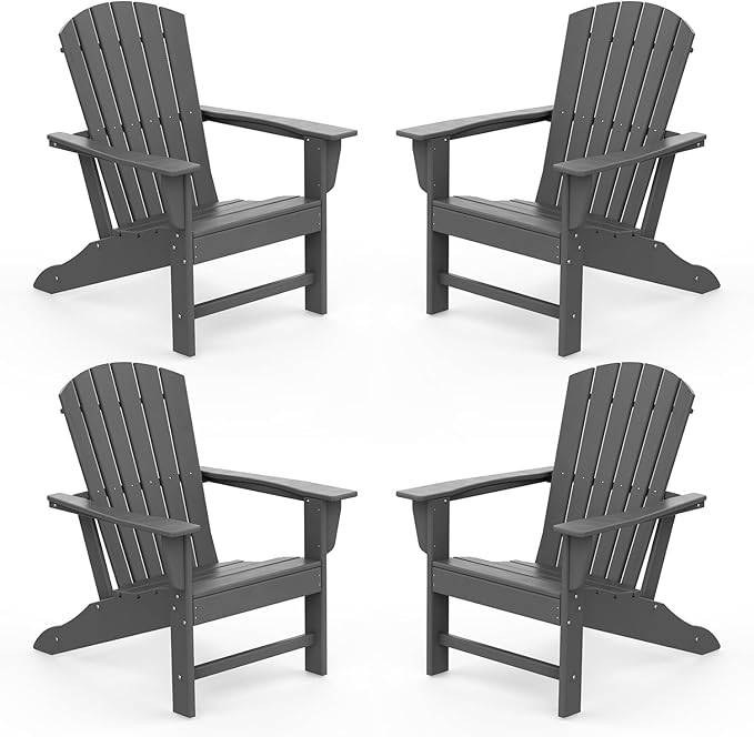 IVY&LANE Adirondack Chairs Set of 4 | HDPE Plastic | Outdoor Fire Pit Chairs | Oversized | All-Weather | Grey | for Outside Deck Backyard Patio Poolside Porch Lawn
