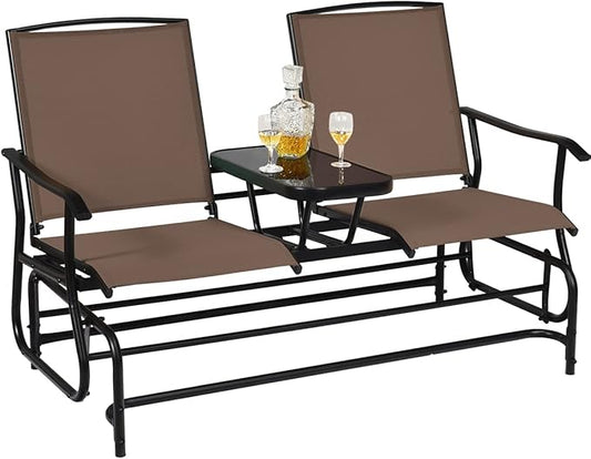 Giantex Patio Bench Glider Chair with Metal Frame, Center Tempered Glass Table, Outside Double Rocking Swing Loveseat for Porch, Garden, Poolside, Balcony, Lawn Rocker Outdoor Glider Bench(Brown)