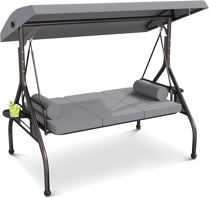 3 Seat Outdoor Porch Swing Chair, Adjustable Canopy Swing Bench, Convertible Backrest Swing Bed with Thicken Cushions - Photo 2