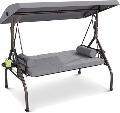 3 Seat Outdoor Porch Swing Chair, Adjustable Canopy Swing Bench, Convertible Backrest Swing Bed with Thicken Cushions, Pillow & Cup Hold (Grey), Gray