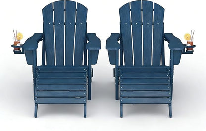Garvee Folding Adirondack Chair Set of 4 with Ottoman, HDPE Outdoor Patio Chair with Cup Holder, All Weather Resistent Wooden Textured for patios, Decks, Gardens, fire Pit, Navy Blue